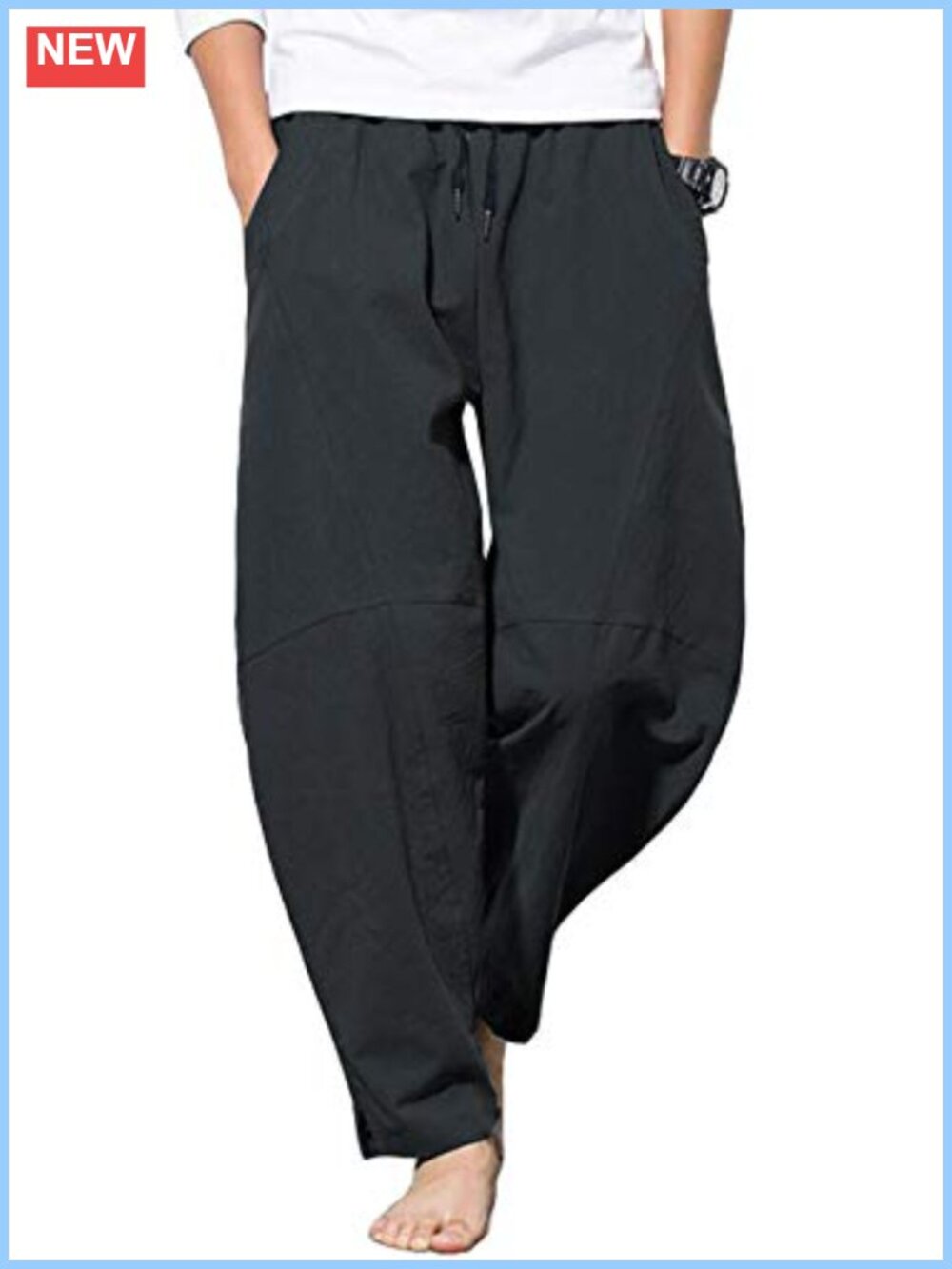 Men's Cotton Linen Drawstring Pants Elastic Waist Casual Summer Beach Pants